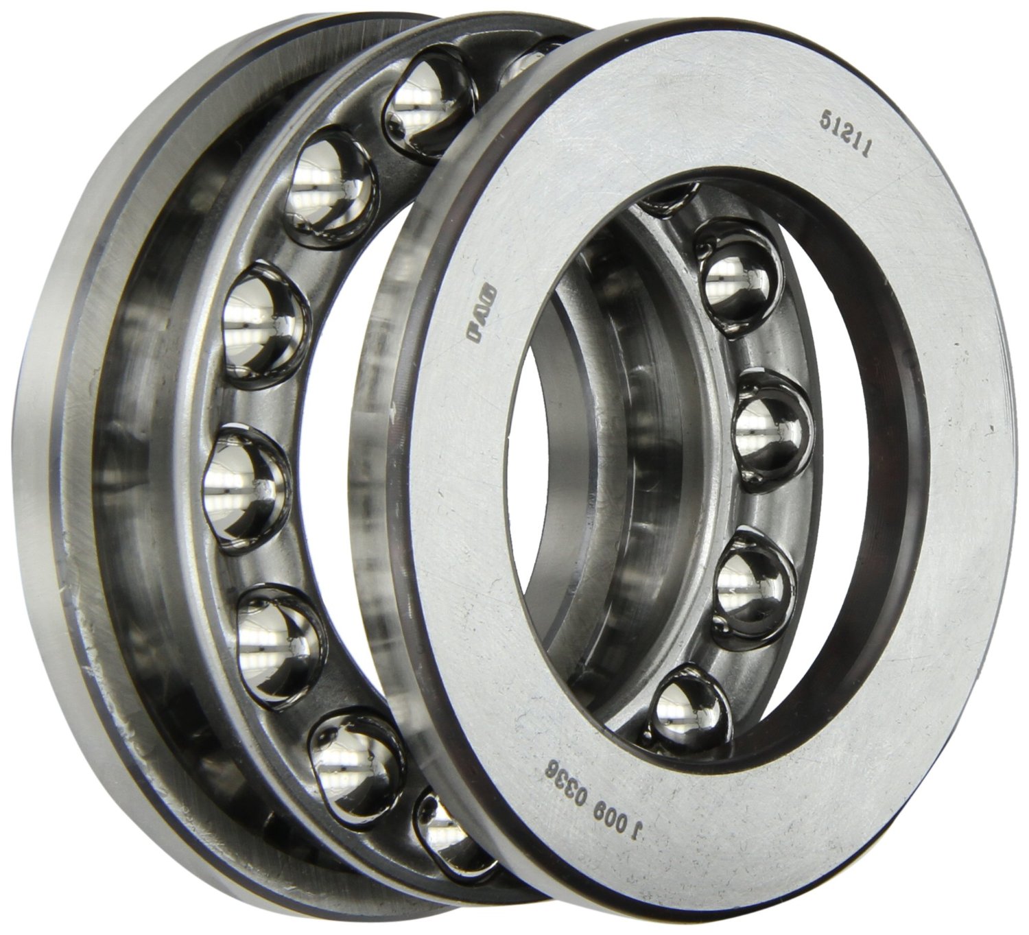 FAG 51211 Grooved Race Thrust Bearing, Single Row, Open, 90° Contact Angle, Steel Cage, Metric, 55mm ID, 90mm OD, 25mm Width, 3200rpm Maximum Rotational Speed, 30500lbf Static Load Capacity, 13700lbf Dynamic Load Capacity