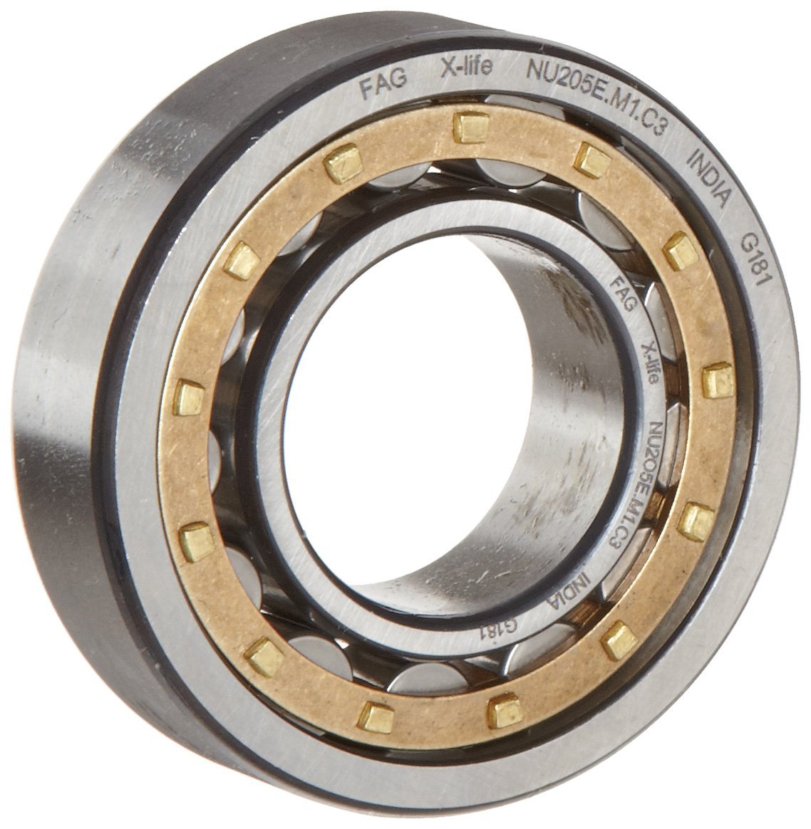 FAG NU309E-M1-C3 Cylindrical Roller Bearing, Single Row, Straight Bore, Removable Inner Ring, High Capacity, Brass Cage, C3 Clearance, 45mm ID, 100mm OD, 25mm Width